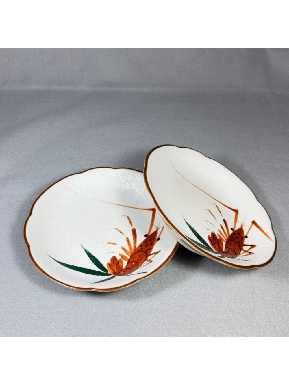 Vintage Lobster Crawfish Small Plates Set of 2 Scalloped Hand Painted Seafood - Picture 2 of 12